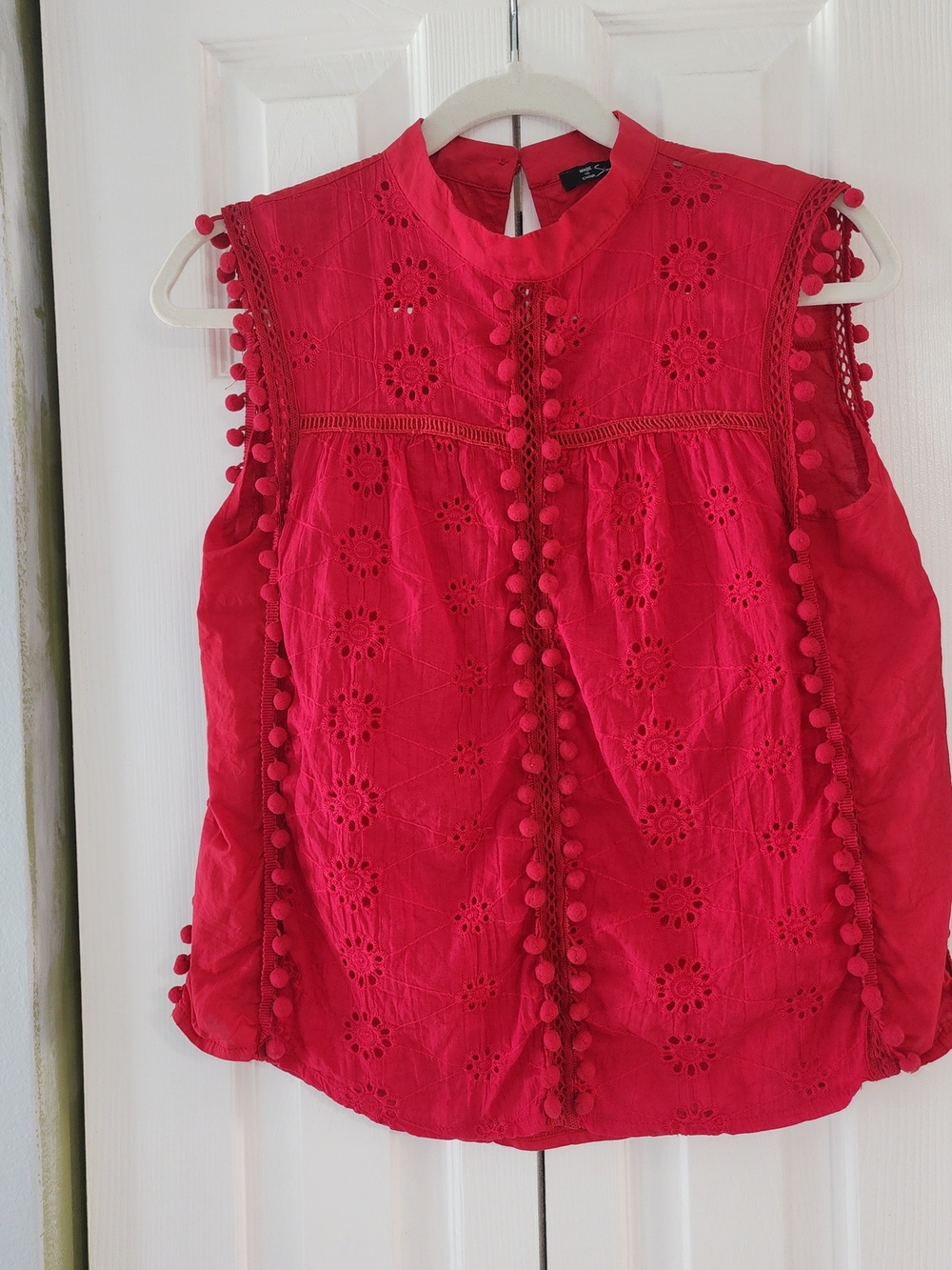 Simplee Apparel Red Eyelet Pom-Trim Sleeveless Camisole